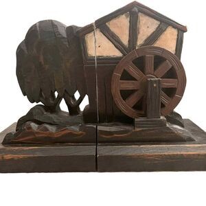 Vintage Collectible Unique Antique Old‎ Mill Music Box Bookends Handcarved Brown